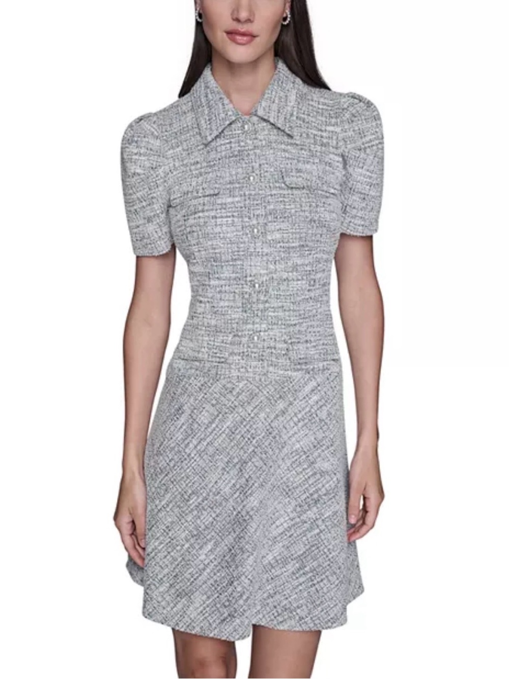 Karl Lagerfeld Gray and Blue Tweed Fit-and-Flare Midi Dress